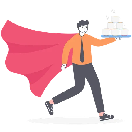 Illustration Of A Fast Manager Or Employee A Man In A Suit Of Super Hero Is Flying With Cups Of Coffee On A Tray Vector EPS 10 Illustration