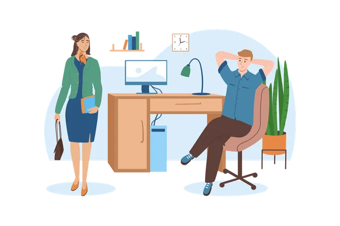 Workplace Blue Concept With People Scene In The Flat Cartoon Design Manager Inspects The Employees Work Place Vector Illustration Illustration