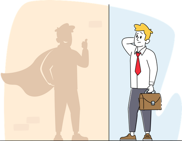 Manager Look at Shadow on Wall Imagine himself Successful Business Man in Super Hero Illustration