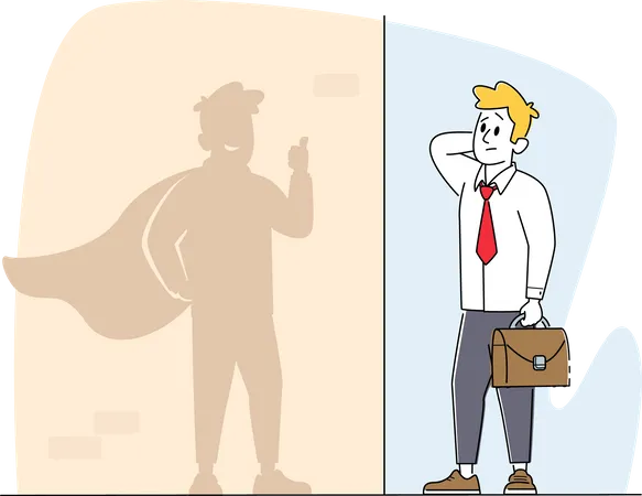 Manager Look at Shadow on Wall Imagine himself Successful Business Man in Super Hero  Illustration