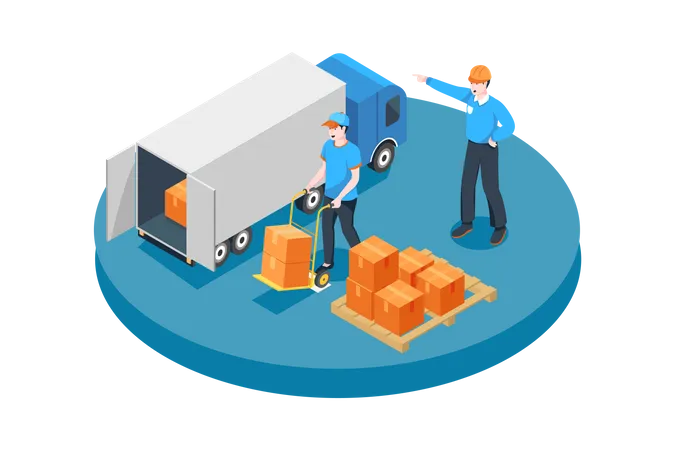 Manager ordering worker to put boxes in truck Illustration