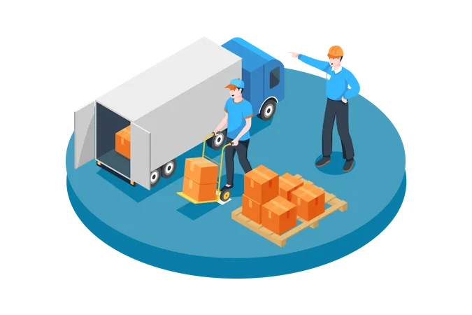 Manager ordering worker to put boxes in truck  Illustration