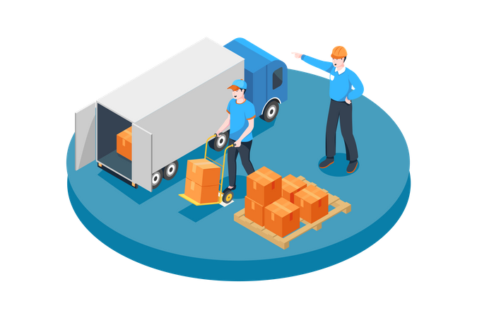 Manager ordering worker to put boxes in truck  イラスト