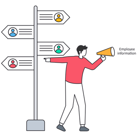 Manager pointing at employee information and speaking through megaphone Illustration