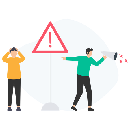 Manager pointing at warning sign and shouting at stressed employee through megaphone  Illustration