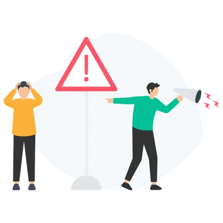 Manager pointing at warning sign and shouting at stressed employee through megaphone  Illustration