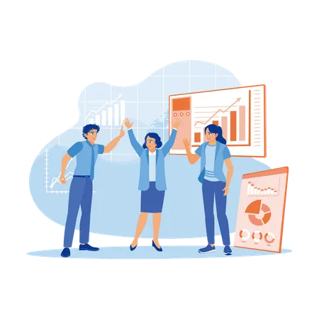 The Manager Presents The Work Results To The Work Team In The Office The Manager Gave A High Five To His Two Work Assistants Success And Happiness Teamwork Concept Trend Modern Vector Flat Illustration Illustration