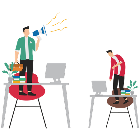 Manager standing in red office chair with megaphone berating  Illustration