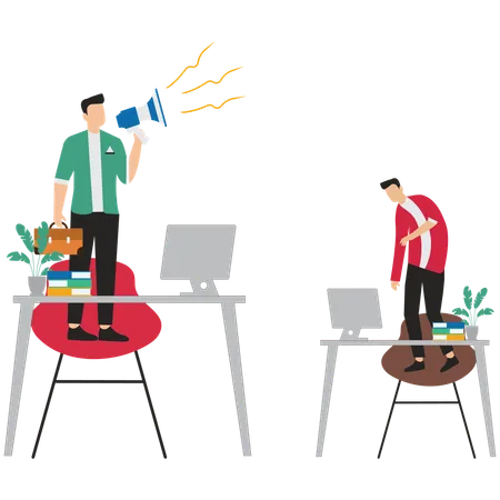 Manager standing in red office chair with megaphone berating  Illustration