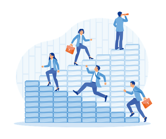 Manager standing on stairs looking with binoculars and Employees walk up stairs to reach targets  Illustration