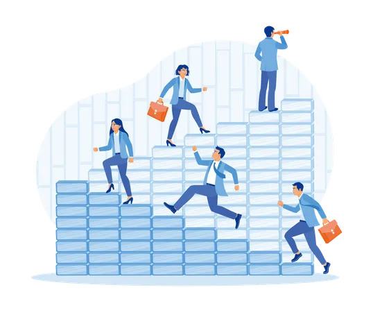 Manager standing on stairs looking with binoculars and Employees walk up stairs to reach targets  Illustration