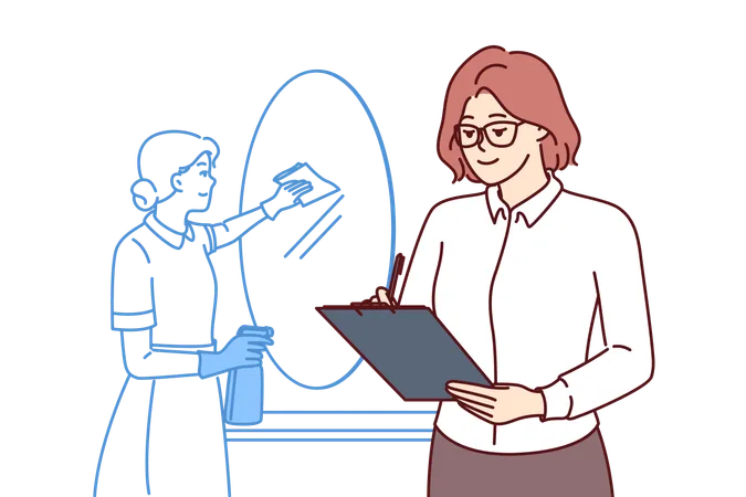 Housekeeping Service Supervisor Woman Holding Clipboard Supervising Maid Cleaning In Hotel Room Housekeeping Company Manager Fills In Cleaning Checklist And Monitors Quality Of Housemaids Work イラスト