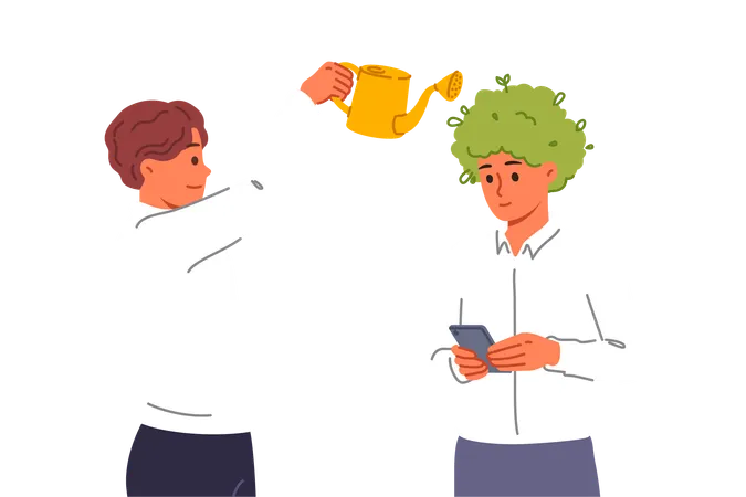 Manager takes care of employees uses watering can as metaphor for investing in company personnel  Illustration