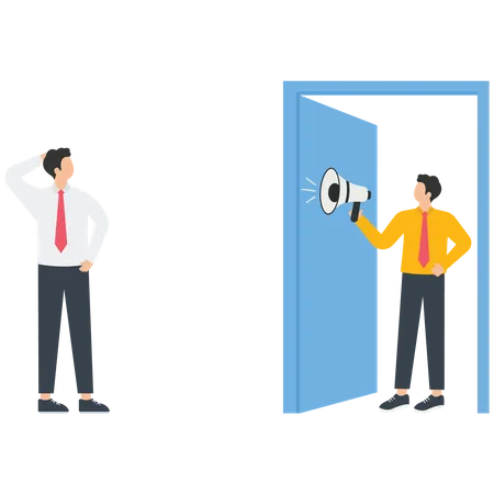 Manager use megaphone to a businessman at the door  Illustration