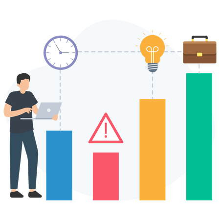 Manager using laptop analyzing growth chart with warning sign, clock, light bulb and briefcase  Illustration