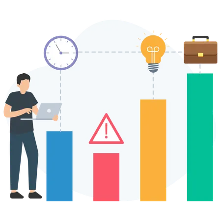 Manager using laptop analyzing growth chart with warning sign, clock, light bulb and briefcase  Illustration