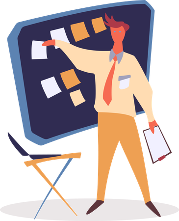 Manager with Stickers and Memos on Board at Work  Illustration