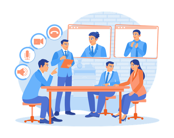 Managers and office employees hold online meetings with colleagues. Discuss new projects during meetings. Video conference concept. Flat vector illustration.  Illustration