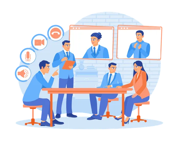 Managers and office employees hold online meetings with colleagues. Discuss new projects during meetings. Video conference concept. Flat vector illustration.  Illustration