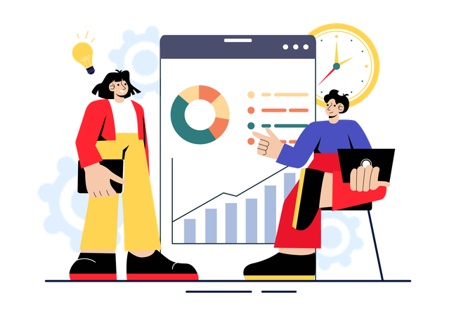 Managers discussing growth data statistics  Illustration