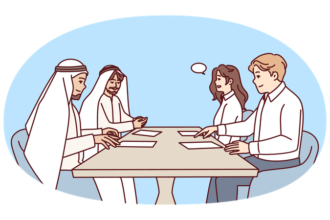 Managers of international business sit at table with papers and discuss investments  Illustration
