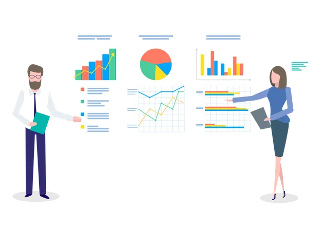 Businessmen Give A Presentation And Show A Diagram Managers Present A Business Plan Illustration Man And Woman Office Workers Standing Near Board And Pointing On Analytical Indicators In Report Illustration