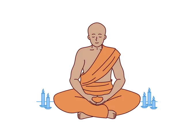 Manah budista medita sentado en posición de loto en un templo tibetano para lograr la armonía espiritual  Ilustración