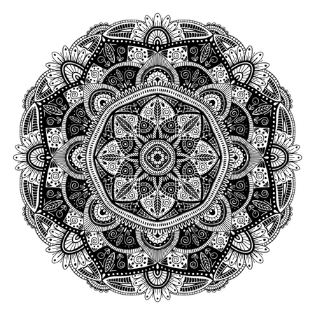 Mandala ethnique floral noir et blanc, sur fond blanc  Illustration