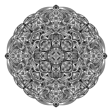 Mandala étnico floral blanco y negro, sobre fondo blanco  Ilustración