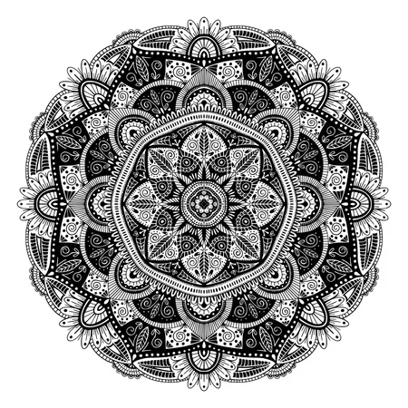 Mandala étnico floral blanco y negro, sobre fondo blanco  Ilustración
