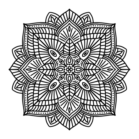 Mandala etnico floreale in bianco e nero, su sfondo bianco  Illustration