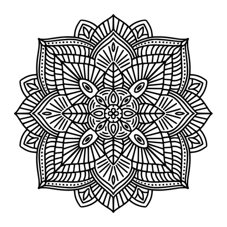 Mandala etnico floreale in bianco e nero, su sfondo bianco  Illustration