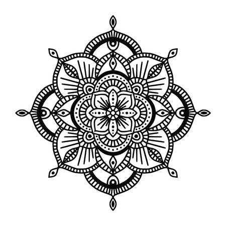 Mandala etnico floreale in bianco e nero, su sfondo bianco  Illustration