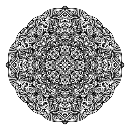 Mandala etnico floreale in bianco e nero, su sfondo bianco  Illustration