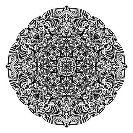 Mandala etnico floreale in bianco e nero, su sfondo bianco  Illustration