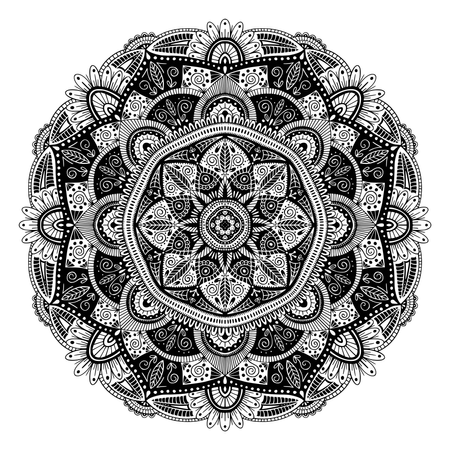 Mandala etnico floreale in bianco e nero, su sfondo bianco  Illustration