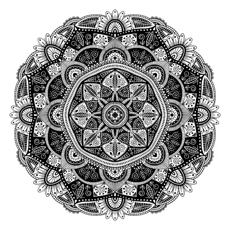 Mandala etnico floreale in bianco e nero, su sfondo bianco  Illustration