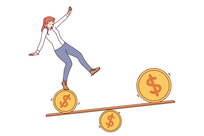 Mangelnde finanzielle Stabilität bereitet Geschäftsfrau Probleme, die gezwungen ist, auf einer Schaukel das Gleichgewicht zu halten  Illustration