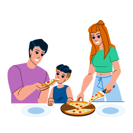 Famille mangeant de la pizza  Illustration