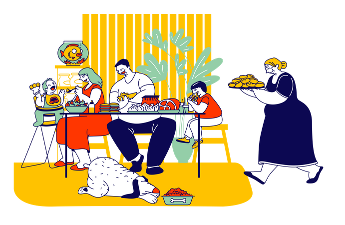 Famille mangeant des aliments malsains  Illustration