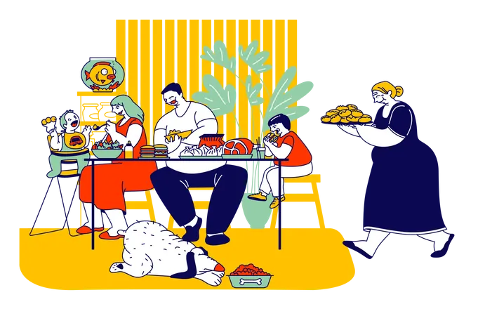 Famille mangeant des aliments malsains  Illustration