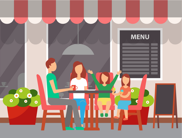 Famille mangeant au café  Illustration