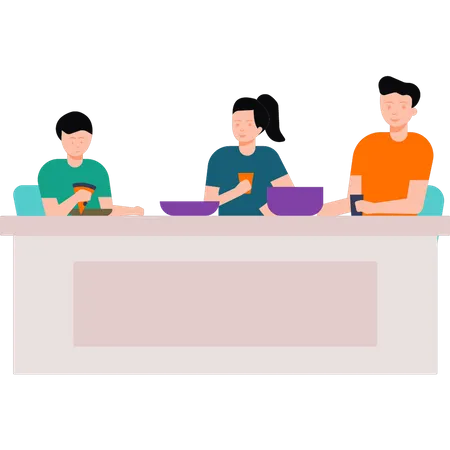 Famille mangeant au restaurant  Illustration