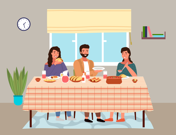 Famille mangeant des plats de cuisine mexicaine à la maison  Illustration