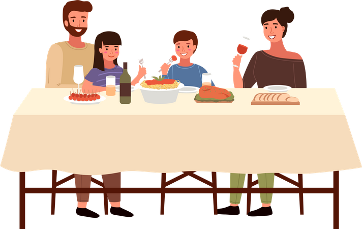 Famille mangeant de la nourriture italienne à la maison  Illustration