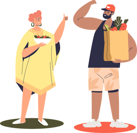Couple de saine alimentation tenant des sacs de fruits et légumes frais biologiques  Illustration