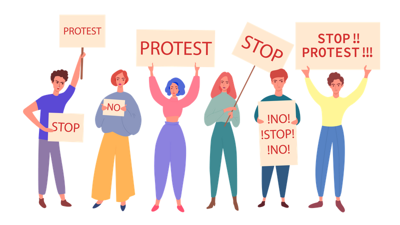 Manifestantes que participan en una marcha de protesta  Ilustración