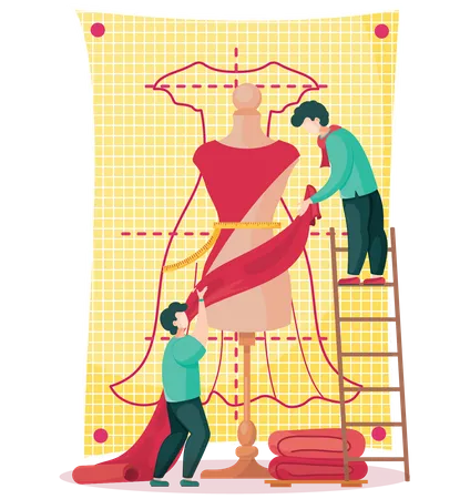 Hombres decorando maniquí maniquí con vestido  Ilustración