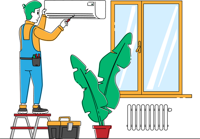 Handy Man arreglando acondicionador roto en casa u oficina  Ilustración