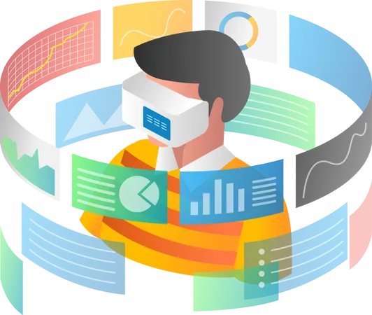 Mann analysiert Daten mit VR-Brille  Illustration